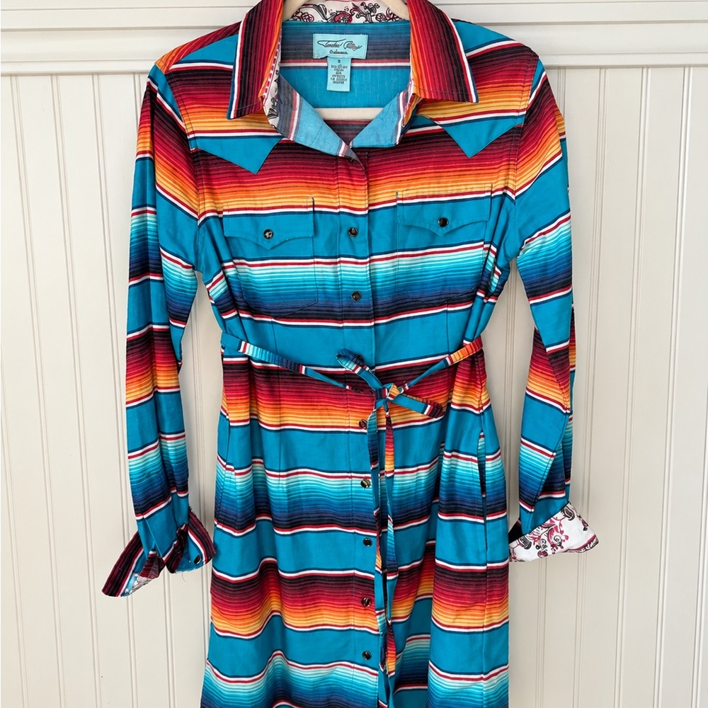 Tasha Polizzi Serape Western Shirt Dress S Turquoise Southwestern Belted
